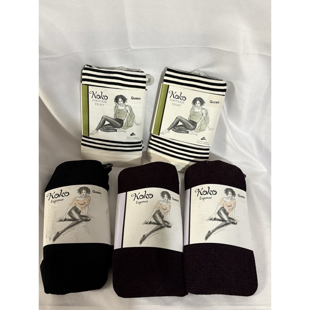 Koko Footless Tights Queen Size Lot of 5 Black Burgundy Legwear